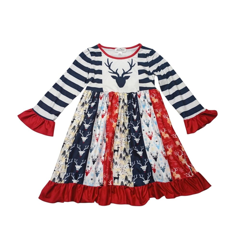 Christmas Marie Nicole Girls Dress Sz XXXL (7yrs) Pullover Reindeer Long Sleeves